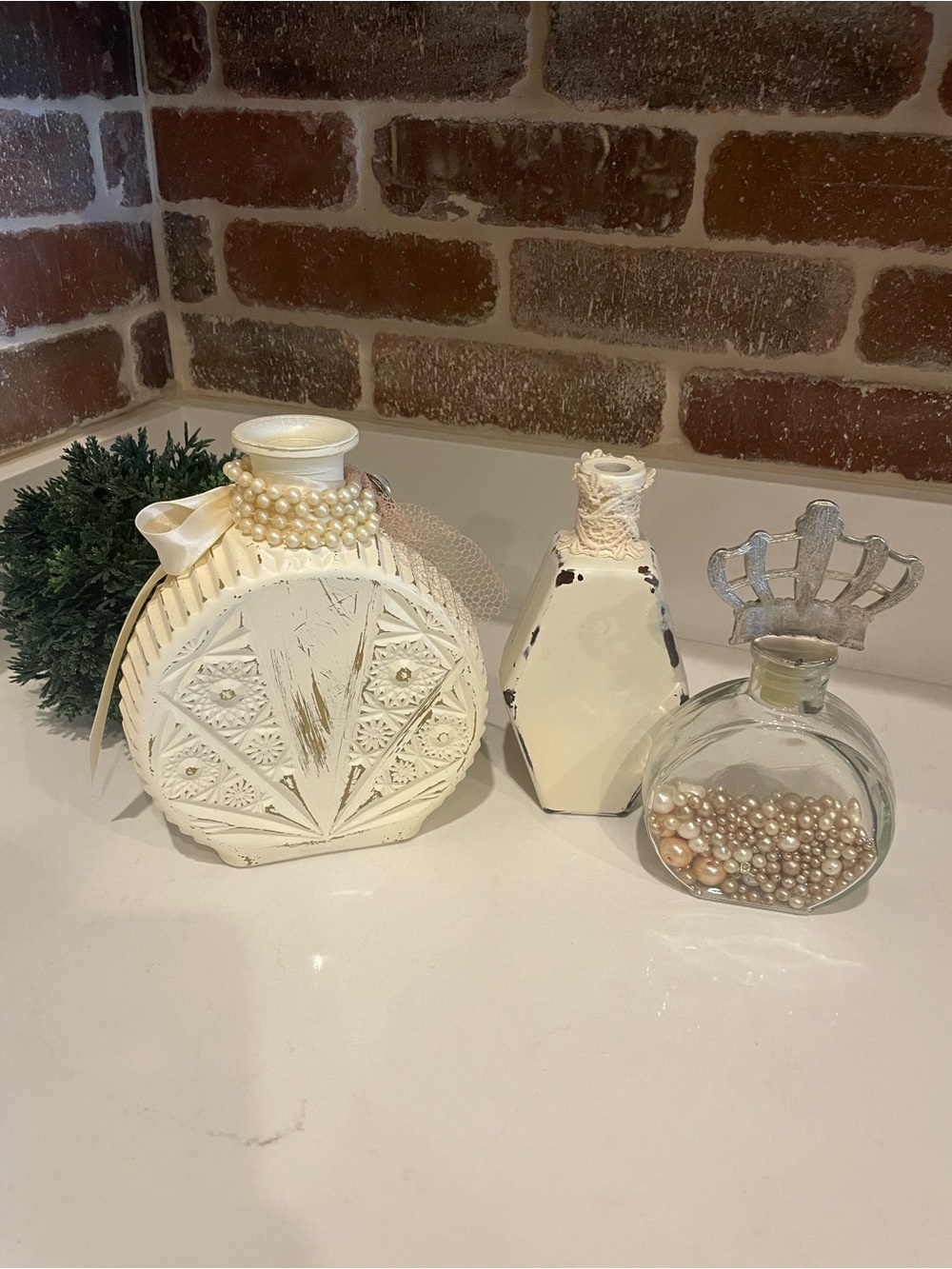 Decorative Cream Glass Bottles Set with Pearl and Crown Accents - Picture 3 of 3